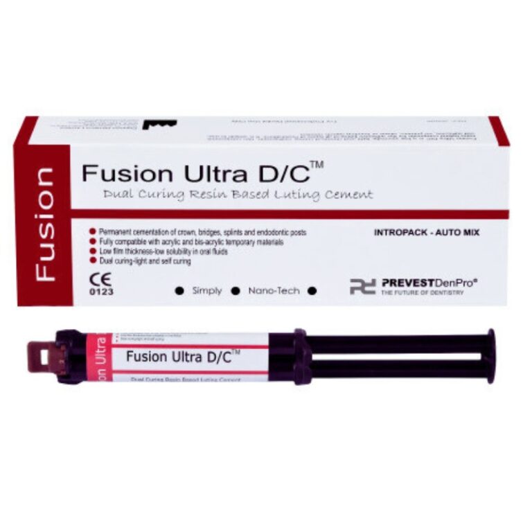 Fusion Ultra D/C low-viscosity dual-cure hybrid composite for adhesive luting of composite and ceramic restorations, suitable for crowns, bridges, and endodontic posts.