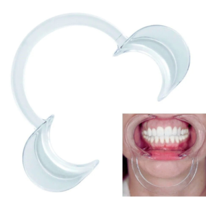 "Dental cheek retractor made of durable, flexible material to hold the cheeks away from the teeth during dental procedures, ensuring clear visibility and access."