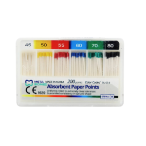 "Meta Absorbent Paper Points - 2% taper, sterile and highly absorbent paper points for efficient root canal drying and cleaning in endodontic procedures."