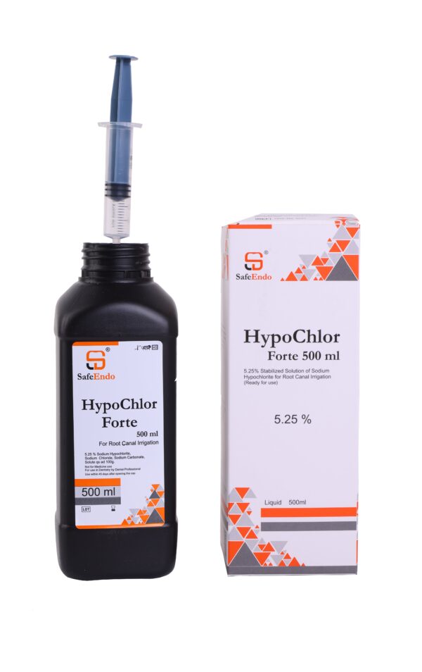 "Hypochlor Forte 5.25%: A high-concentration sodium hypochlorite solution for root canal irrigation, offering superior cleaning, disinfection, and bactericidal action during endodontic treatments."