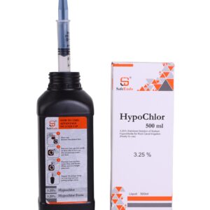 "Hypochlor 3.25%: Sodium hypochlorite solution for root canal irrigation, providing effective cleaning, disinfection, and bactericidal action during endodontic procedures."