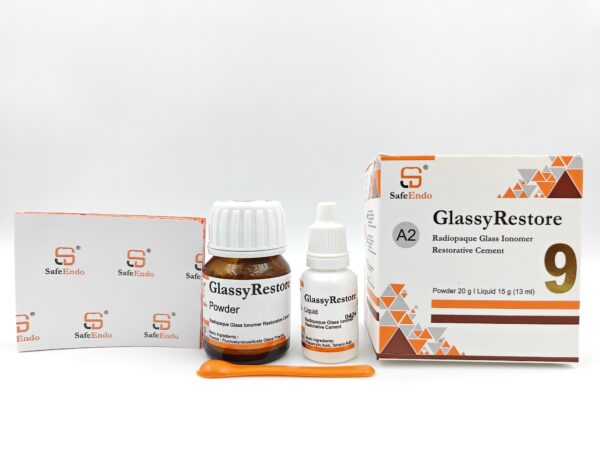 "GlassyRestore: A versatile dental restorative material designed for long-lasting, durable repairs of cavities and restorations, providing excellent strength and esthetics."