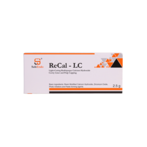 "ReCal LC - a light-cured, resin-reinforced calcium phosphate-based liner and base material used for pulp capping and cavity lining in dental procedures, packaged in a convenient syringe for easy application."