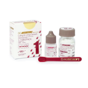 "Image of GC Gold Label 1 Glass Ionomer Luting & Lining Mini Pack, designed for durable luting and lining applications in restorative dentistry. The mini pack provides convenience and high-quality performance for dental professionals."