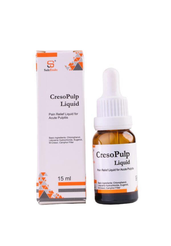 "CresoPulp Liquid: A dental solution designed for pulp capping and tissue healing, ensuring effective protection during root canal treatments."