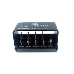 "Prima Dental Diamond Bur Crown & Veneer Preparation Kit, a set of high-quality diamond-coated burs designed for precise crown and veneer preparation in restorative dental procedures."