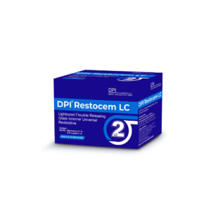 "Image of DPI RESTOCEM LC, a light-cure dental restorative material designed for filling cavities and restoring teeth. The product is shown in its packaging, emphasizing its application for durable, aesthetic restorations with light-cure technology. The material is placed on a neutral background to highlight its design and clinical use in restorative dentistry."