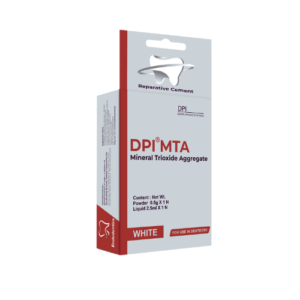 "Image of DPI MTA, a dental material used for root canal treatment and dental repairs. The product is shown in a container, highlighting its application for sealing root canals and repairing dental structures. The container is placed on a neutral background, showcasing the packaging and product details."