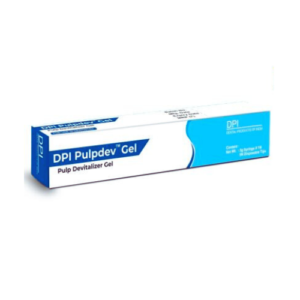 "Image of DPI PULPDEV™ Gel, a dental product used for pulp capping and vital pulp therapy. The gel is shown in its packaging, highlighting its application for protecting and preserving the pulp during root canal procedures. The product is placed on a neutral background to emphasize its design and usage in endodontic treatments."