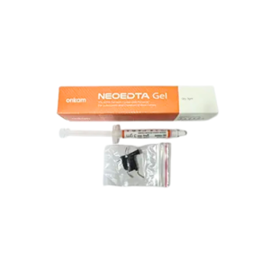 "Image of Dental Orikam NeoEDTA Gel 17% EDTA in a white and blue tube with a clear cap. The label displays the product name and details, emphasizing its use for effective root canal preparation. The tube is placed upright on a plain, neutral background."