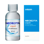 "Image of Neoendo Neo EDTA Liquid in a clear bottle with a labeled design. The bottle features details highlighting its use for effective root canal cleaning and debris removal. The product is placed on a neutral background to emphasize the packaging and liquid contents."