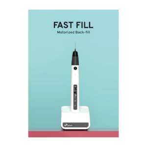 "Image of Fast Fill-3D Obturation system components, including a syringe and applicator tips. The syringe is labeled with the product name, and the applicator tips are neatly arranged beside it. The background is neutral, highlighting the product for use in root canal obturation procedures."