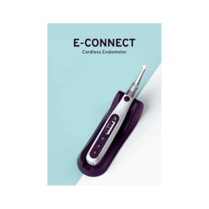 "Image of the E-connect Cordless Endomotor, a sleek, handheld dental device with a digital display and ergonomic design. The endomotor is placed on a clean surface with visible controls and a motor attachment, showcasing its compact and modern appearance. The background is neutral, emphasizing the product."