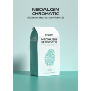 "Image of Neoalgin Chromatic Alginate Impression Material, a powder container with a bright, colorful label. The product is placed on a neutral background, showcasing the packaging that highlights its chromatic properties for easy mixing and accurate impressions in dental procedures."