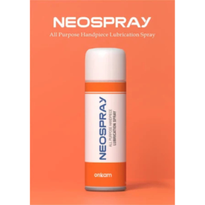 "Image of a hand-piece lubrication spray can with a nozzle. The spray can features a sleek, metallic design with a label displaying instructions for use. The nozzle is attached for easy application, and the can is placed upright on a flat surface. Background is plain and neutral, highlighting the product."