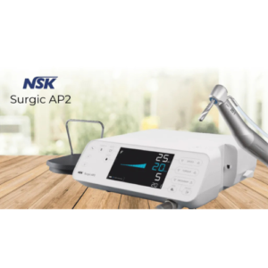 Image of the NSK Physiodispensor Surgic AP 2, a precision-driven surgical motor designed for dental implant and surgical procedures. The device features an ergonomic design with a digital display, adjustable speed and torque settings, and a durable handpiece for enhanced control and efficiency."