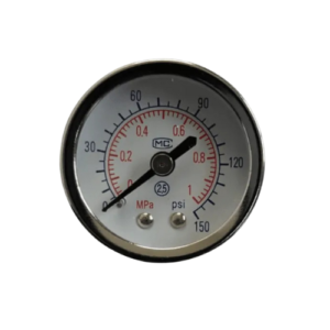 A small, circular pressure gauge labeled "DAC-4" with a metal casing and a clear glass face. The gauge features a white dial with black and red markings, including a scale for pressure measurement in PSI or another unit, and a single black needle pointing to a specific value. The device has a compact, sturdy design, with a threaded connector at the bottom for installation.