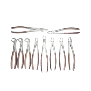 "Image of the Polodent Extraction Forceps Kit in rose gold, featuring a set of 10 precision dental instruments arranged neatly in a storage case. The forceps have an elegant rose gold finish, showcasing their high-quality design, with each tool tailored for specific dental extraction procedures. The set is displayed against a clean background, emphasizing its professional and polished appearance."